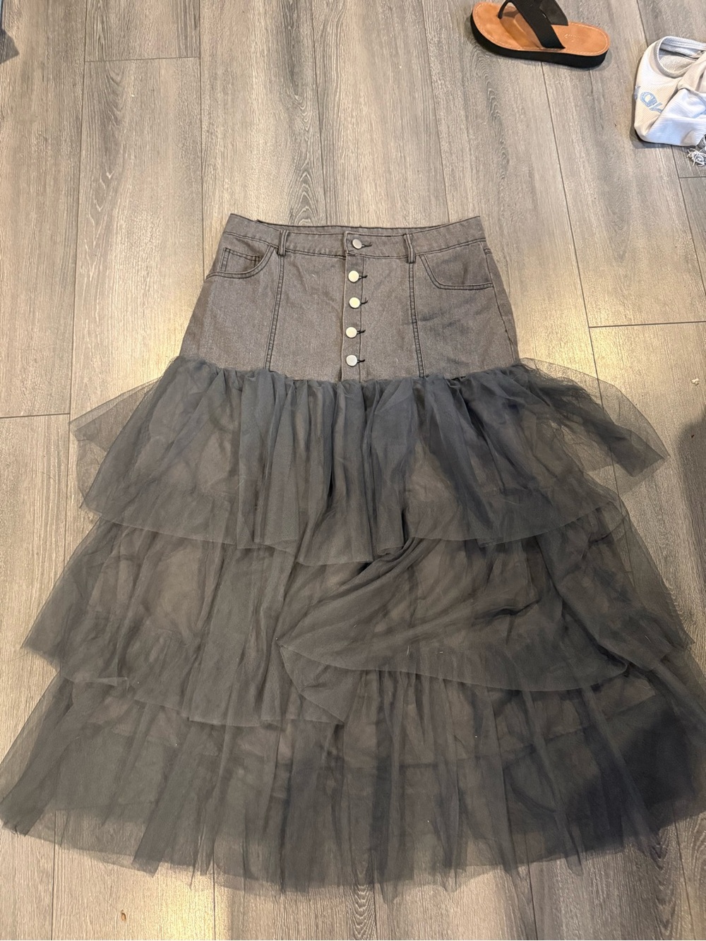 Black Tiered Tulle Maxi Skirt with Button Front Waist